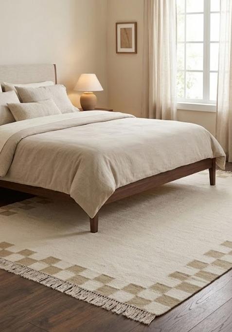 Saffron Rugs Flat Woven Ivory Cream Checkered Contemporary Rectangular Wool Area Rug