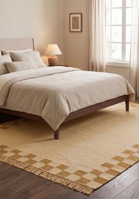 Saffron Rugs Flat Woven Cream Gold Checkered Contemporary Rectangular Wool Area Rug