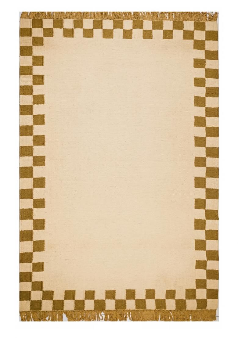 Saffron Rugs Flat Woven Cream Gold Checkered Contemporary Rectangular Wool Area Rug - Indya