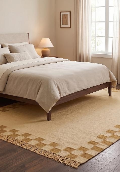 Saffron Rugs Flat Woven Cream Gold Checkered Contemporary Rectangular Wool Area Rug
