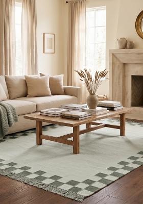 Saffron Rugs Flat Woven Sage Green Checkered Casual Rectangular Wool Area Rug