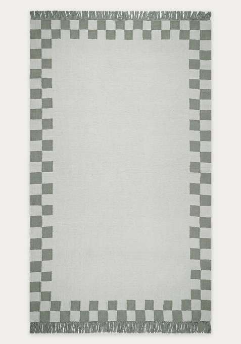 100% Wool Handmade Sage Green Rug | Casual Checkered Flat Weave Reversible Carpet For Living Room