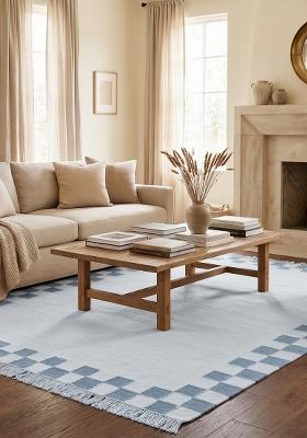Saffron Rugs Flat Woven Light Blue Checkered Casual Rectangular Wool Area Rug