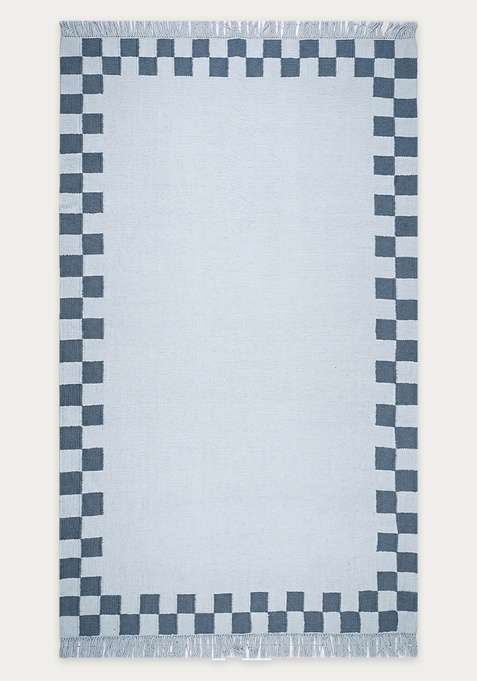 100% Wool Handmade Light Blue Rug | Casual Checkered Flat Weave Reversible Carpet For Living Room