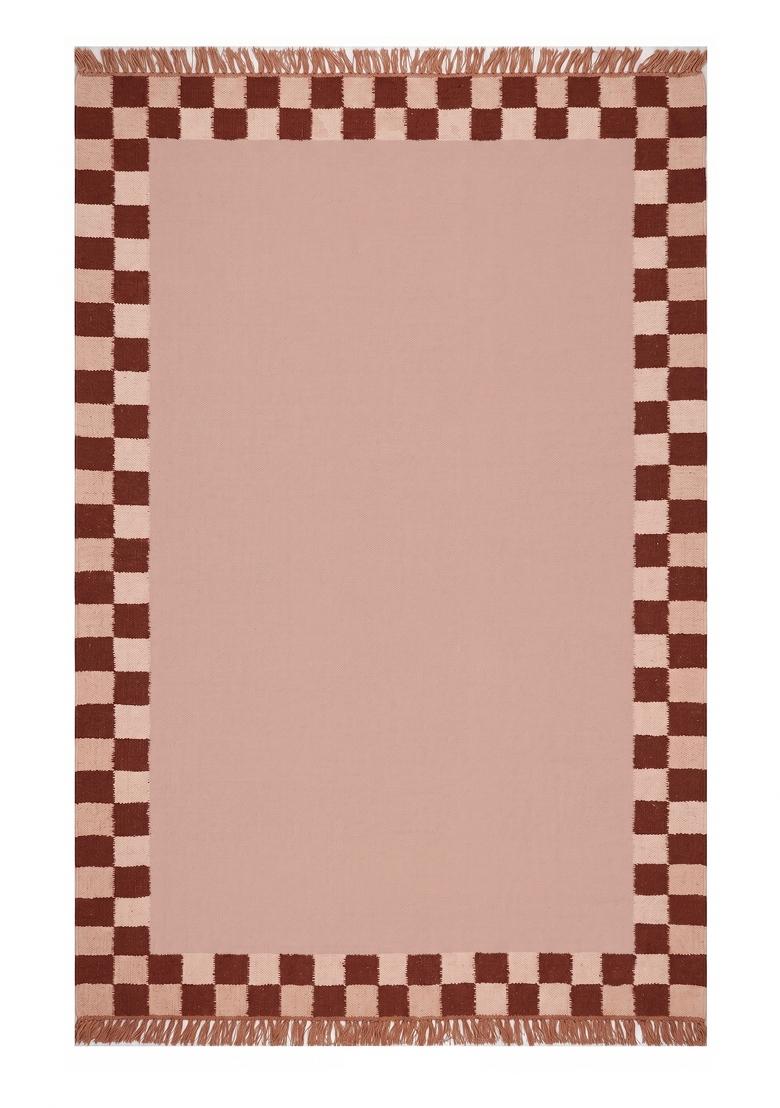 Saffron Rugs Flat Woven Terracotta Pink Checkered Contemporary Rectangular Wool Area Rug - Indya