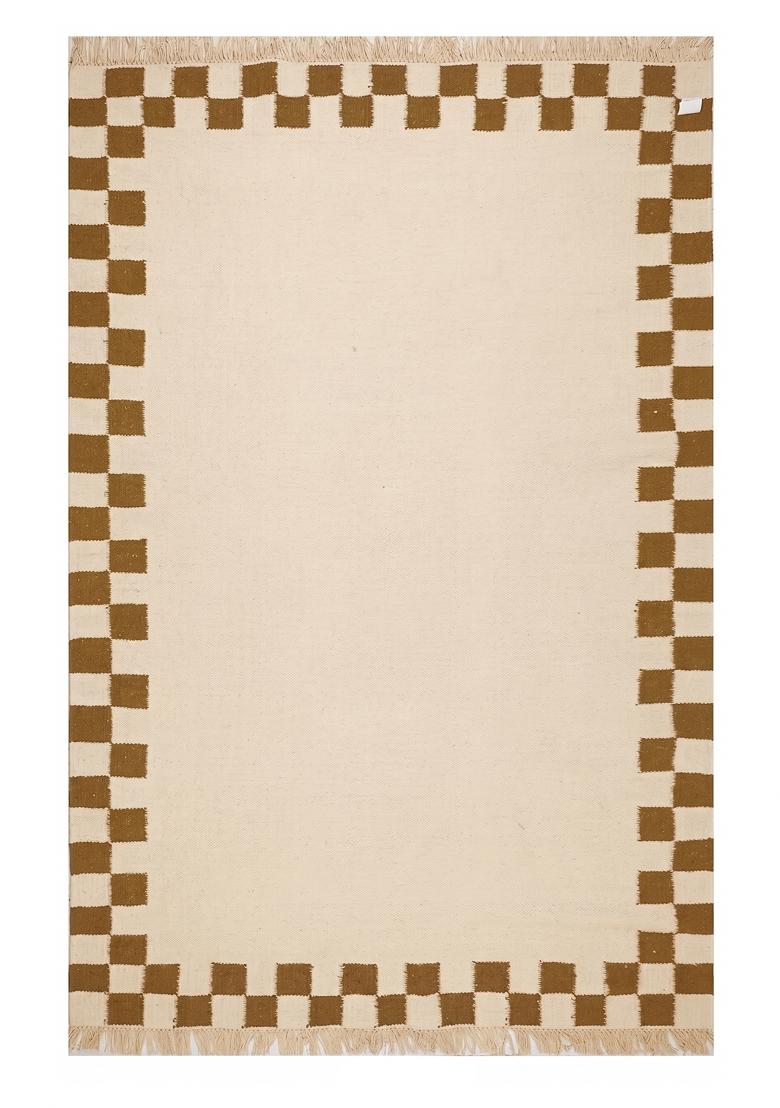 Saffron Rugs Flat Woven Cream Beige Checkered Contemporary Rectangular Wool Area Rug - Indya