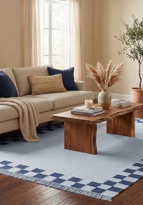 Saffron Rugs Flat Woven Light Blue Checkered Contemporary Rectangular Wool Area Rug