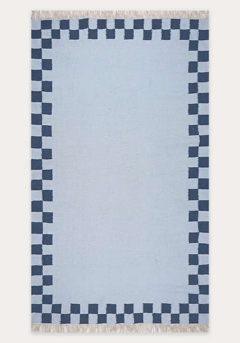 100% Wool Handmade Light Blue Rug | Contemporary Checkered Flat Weave Reversible Carpet For Living Room