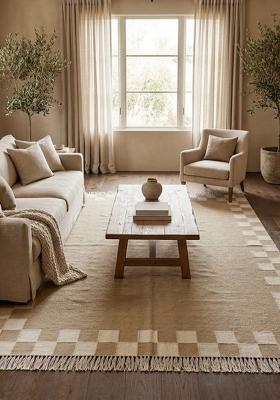 Saffron Rugs Flat Woven Beige Checkered Contemporary Rectangular Wool Area Rug