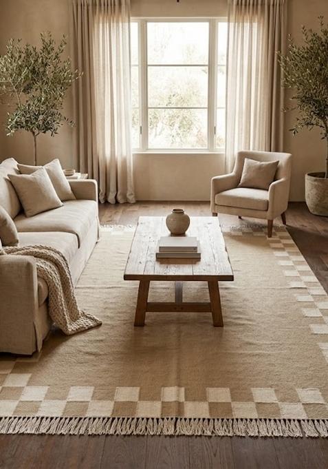 Saffron Rugs Flat Woven Beige Checkered Contemporary Rectangular Wool Area Rug