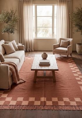 Saffron Rugs Flat Woven Terracotta Checkered Contemporary Rectangular Wool Area Rug