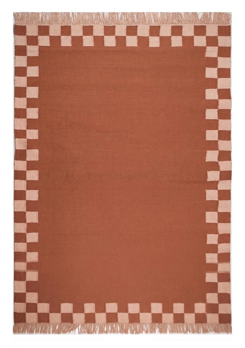 Saffron Rugs Flat Woven Terracotta Checkered Contemporary Rectangular Wool Area Rug - Indya