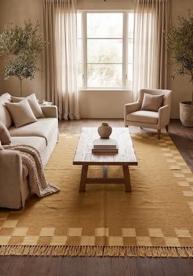 Saffron Rugs Flat Woven Mustard Gold Checkered Contemporary Rectangular Wool Area Rug