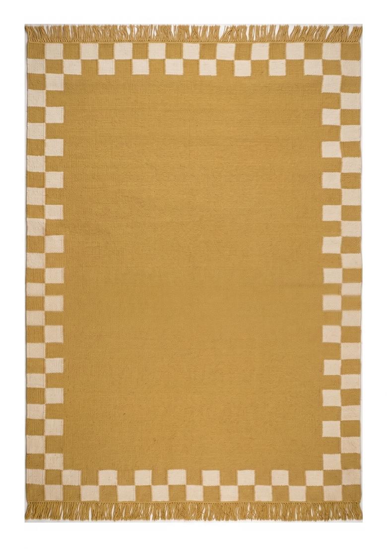Saffron Rugs Flat Woven Mustard Gold Checkered Contemporary Rectangular Wool Area Rug - Indya