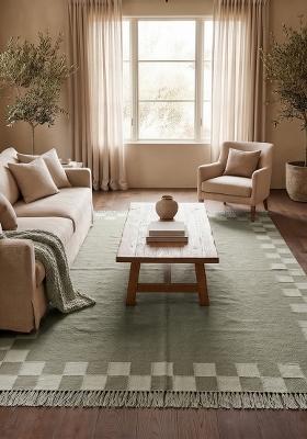 Saffron Rugs Flat Woven Sage Green Checkered Contemporary Rectangular Wool Area Rug