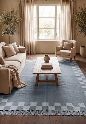 Saffron Rugs Flat Woven Slate Blue Checkered Contemporary Rectangular Wool Area Rug