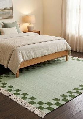 Saffron Rugs Flat Woven Mint Green Checkered Contemporary Rectangular Wool Area Rug