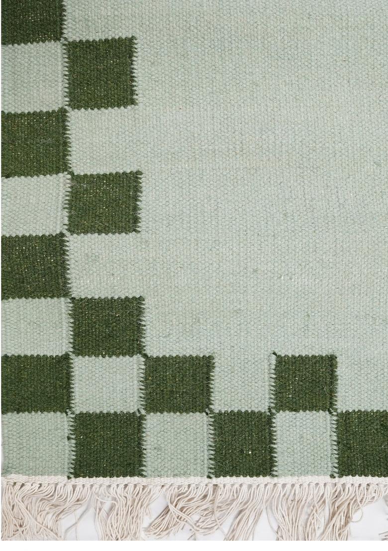 Saffron Rugs Flat Woven Mint Green Checkered Contemporary Rectangular Wool Area Rug - Indya