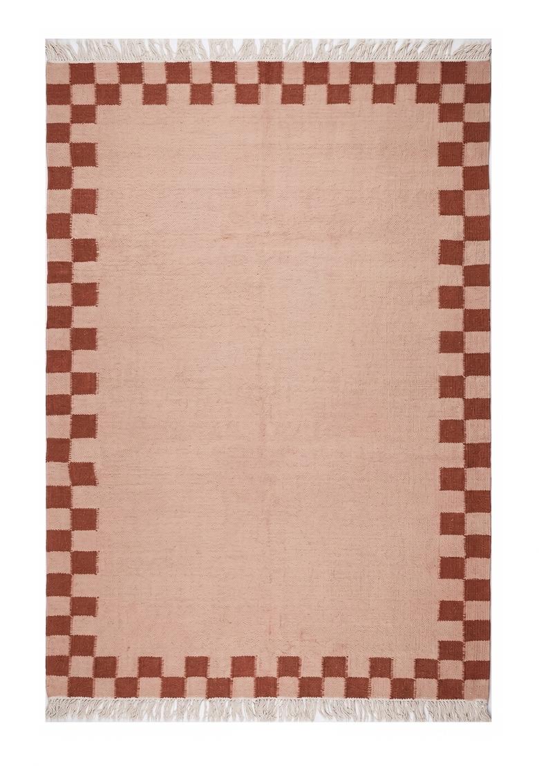 Saffron Rugs Flat Woven Blush Pink Checkered Contemporary Rectangular Wool Area Rug - Indya