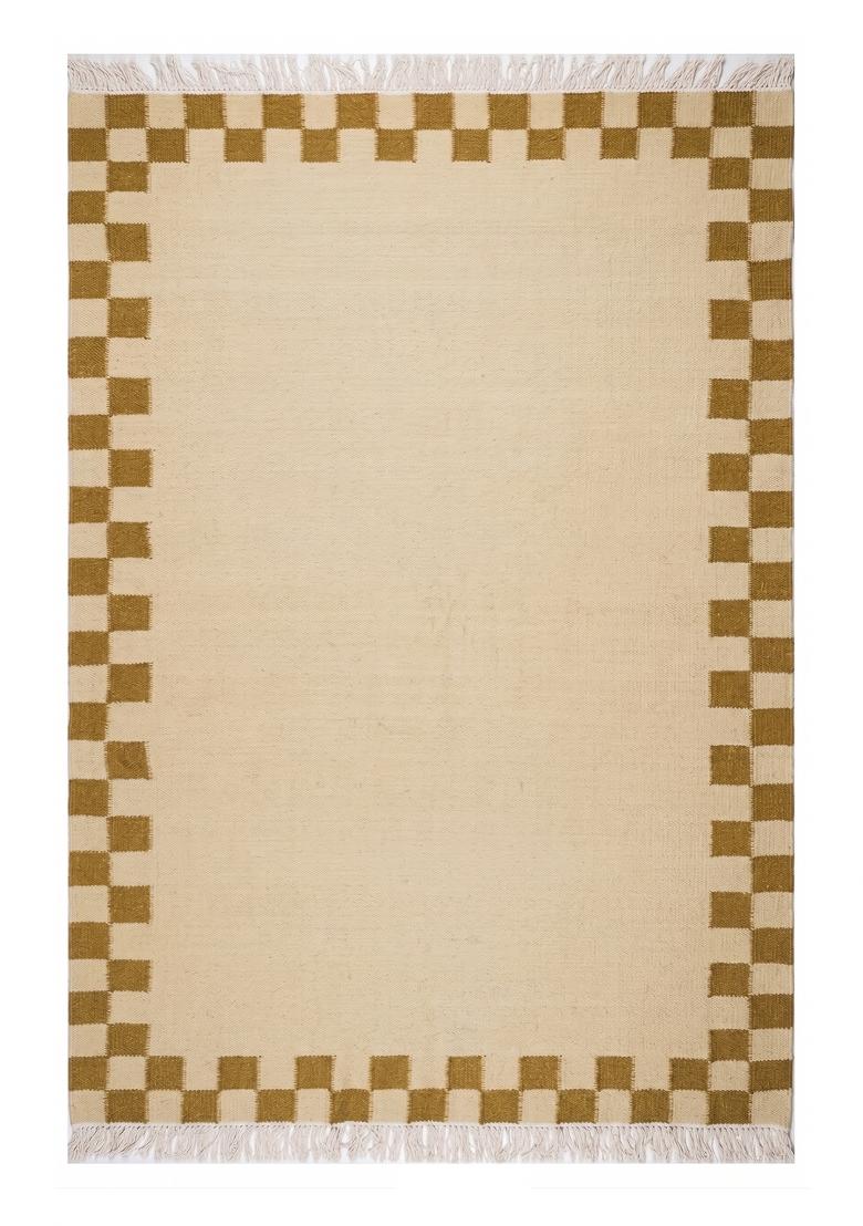 Saffron Rugs Flat Woven Cream Beige Gold Checkered Contemporary Rectangular Wool Area Rug - Indya