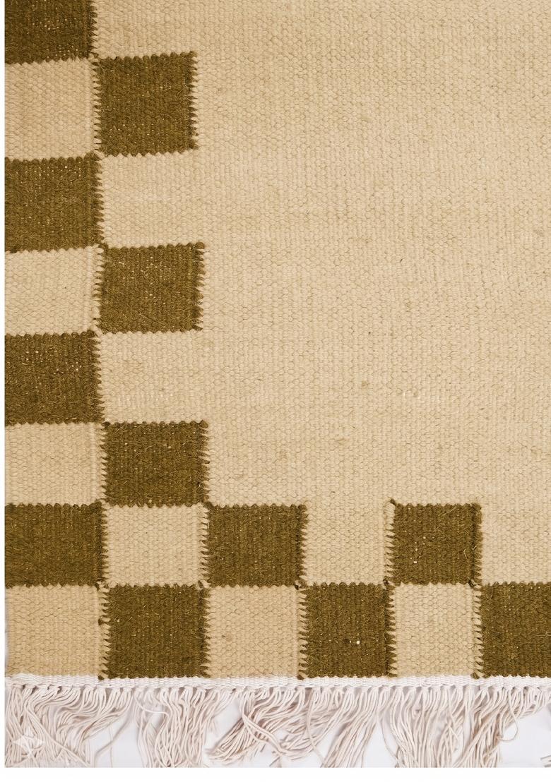 Saffron Rugs Flat Woven Cream Beige Gold Checkered Contemporary Rectangular Wool Area Rug - Indya