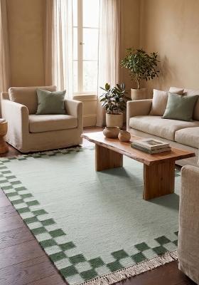Saffron Rugs Flat Woven Sage Green Checkered Bohemian Rectangular Wool Area Rug