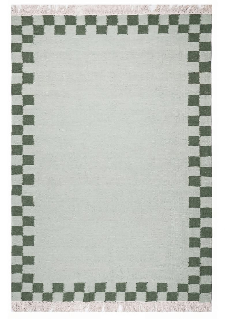 Saffron Rugs Flat Woven Sage Green Checkered Bohemian Rectangular Wool Area Rug - Indya