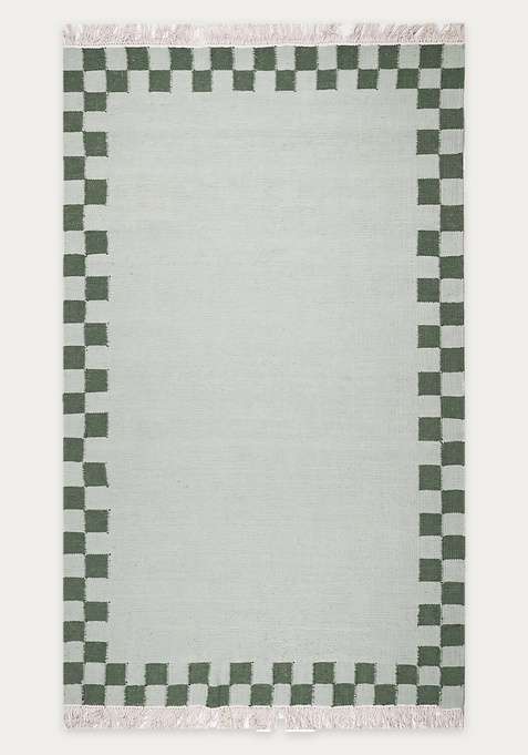 100% Wool Handmade Sage Green Rug | Bohemian Checkered Flat Weave Reversible Carpet For Living Room