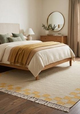 Saffron Rugs Flat Woven Cream with Yellow Border Checkered Scandinavian Rectangular Wool Area Rug