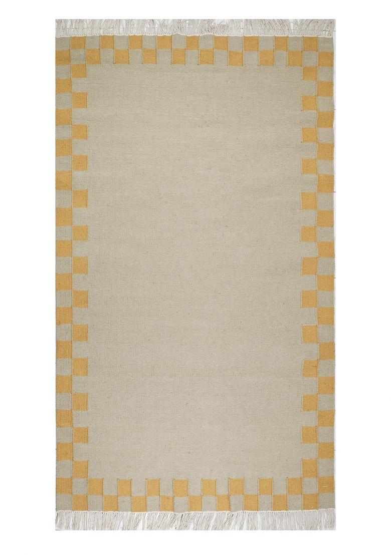 Saffron Rugs Flat Woven Cream with Yellow Border Checkered Scandinavian Rectangular Wool Area Rug - Indya