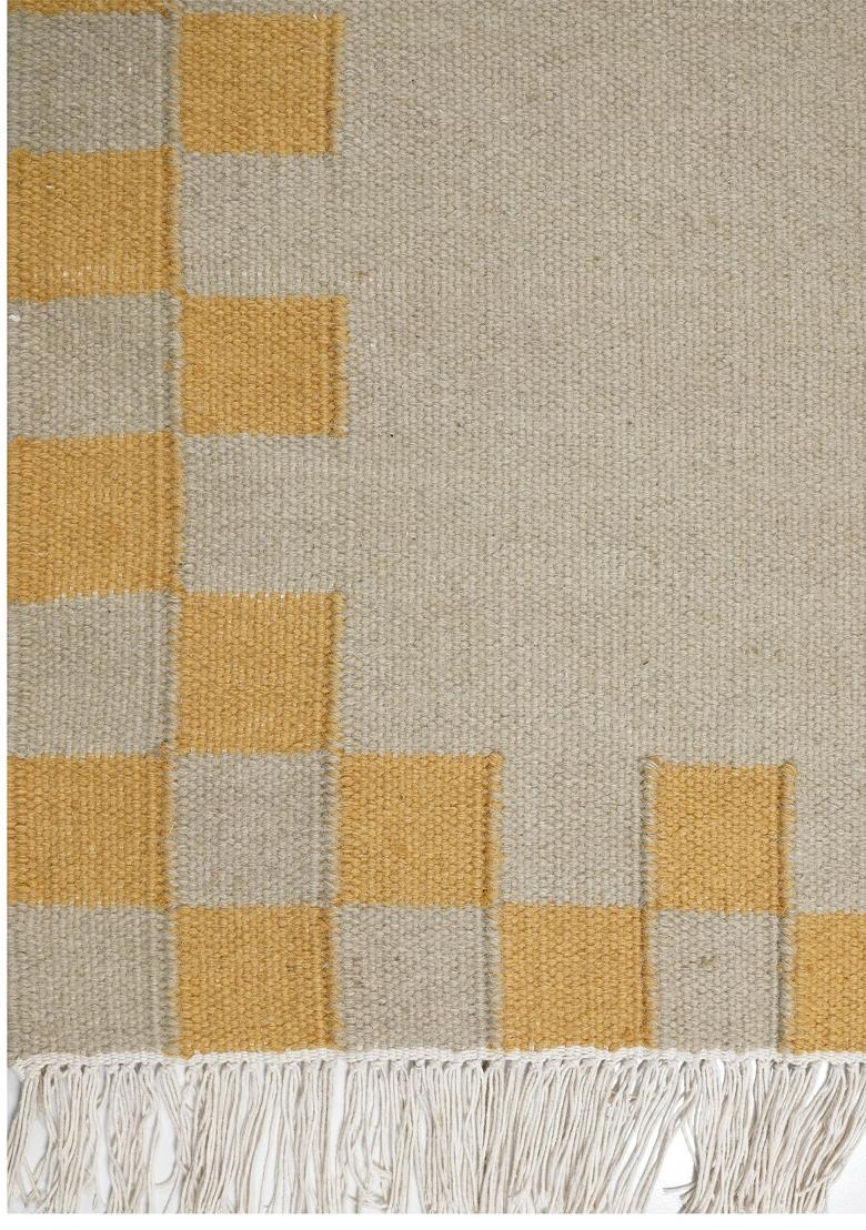 Saffron Rugs Flat Woven Cream with Yellow Border Checkered Scandinavian Rectangular Wool Area Rug - Indya