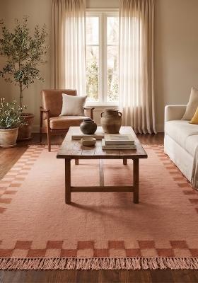 Saffron Rugs Flat Woven Blush Peach Checkered Scandinavian Rectangular Wool Area Rug