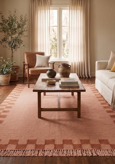 Saffron Rugs Flat Woven Blush Peach Checkered Scandinavian Rectangular Wool Area Rug