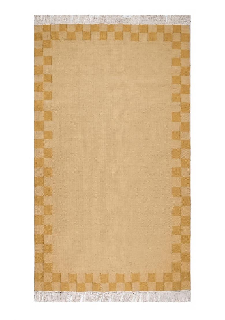 Saffron Rugs Flat Woven Golden Yellow Checkered Scandinavian Rectangular Wool Area Rug - Indya