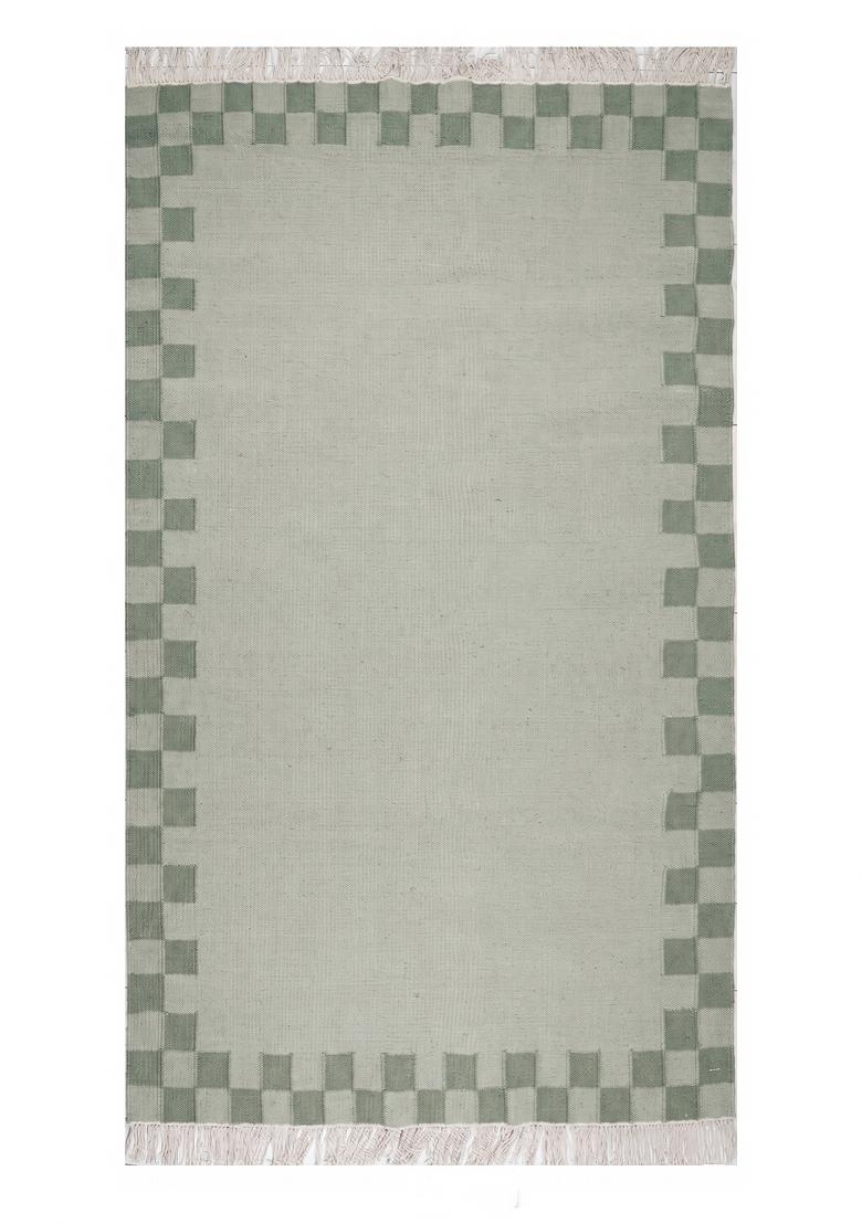Saffron Rugs Flat Woven Sage Green Checkered Scandinavian Rectangular Wool Area Rug - Indya