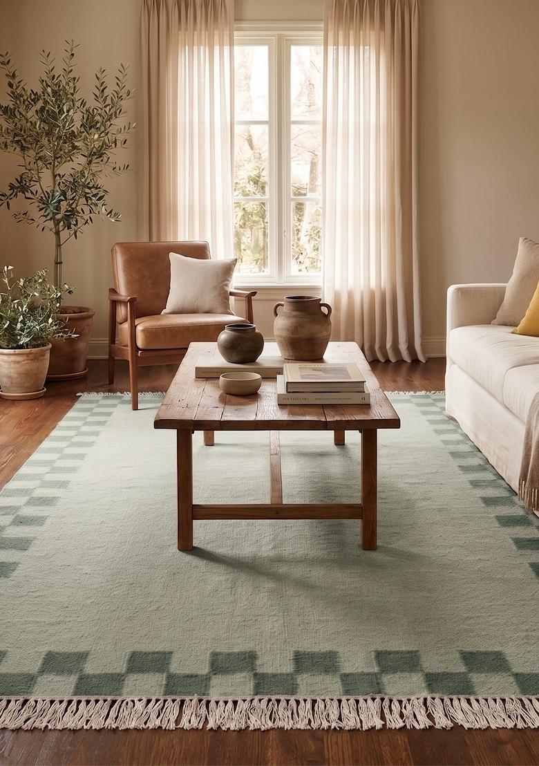 Saffron Rugs Flat Woven Sage Green Checkered Scandinavian Rectangular Wool Area Rug - Indya