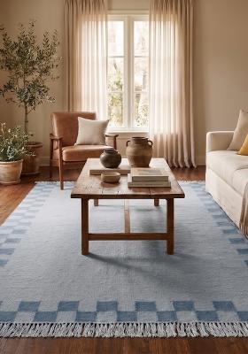 Saffron Rugs Flat Woven Light Blue Checkered Contemporary Rectangular Wool Area Rug