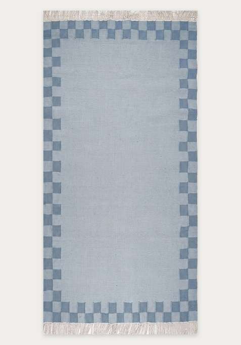 100% Wool Handmade Light Blue Rug | Contemporary Checkered Flat Weave Reversible Carpet For Living Room