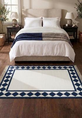 Saffron Rugs Flat Woven Ivory and Navy Checkered Coastal Rectangular Wool Area Rug