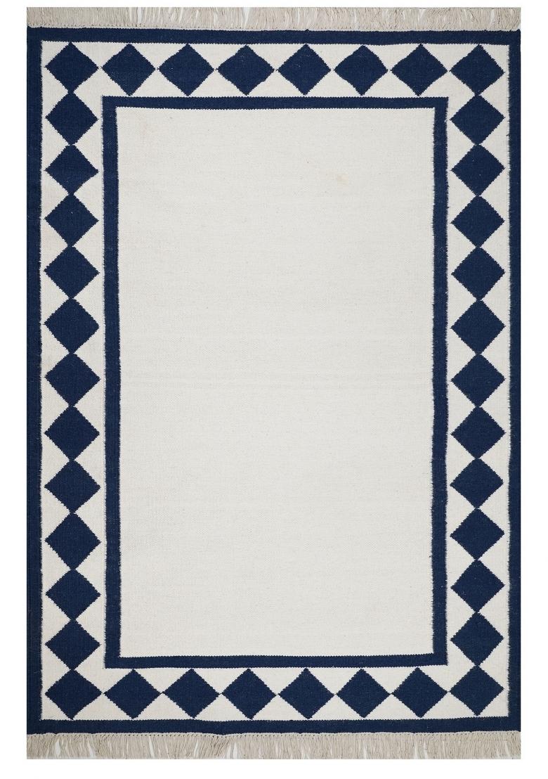 Saffron Rugs Flat Woven Ivory and Navy Checkered Coastal Rectangular Wool Area Rug - Indya