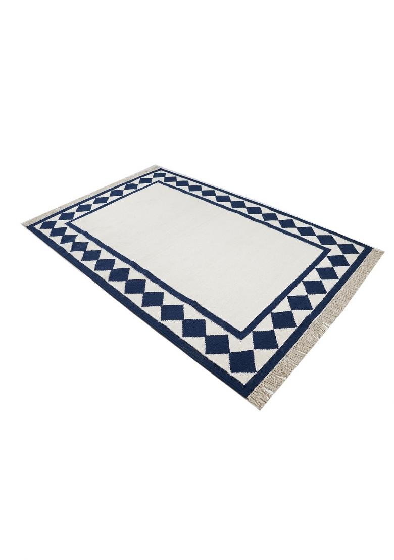 Saffron Rugs Flat Woven Ivory and Navy Checkered Coastal Rectangular Wool Area Rug - Indya