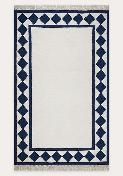 100% Wool Handmade Ivory And Navy Rug | Coastal Checkered Flat Weave Reversible Carpet For Living Room