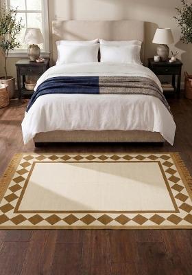 Saffron Rugs Flat Woven Gold Cream Checkered Coastal Rectangular Wool Area Rug