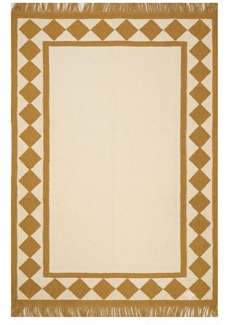 Saffron Rugs Flat Woven Gold Cream Checkered Coastal Rectangular Wool Area Rug - Indya