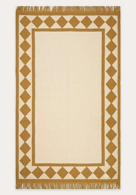 100% Wool Handmade Gold Cream Rug | Coastal Checkered Flat Weave Reversible Carpet For Living Room