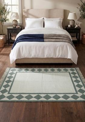 Saffron Rugs Flat Woven Sage Green Cream Checkered Coastal Rectangular Wool Area Rug