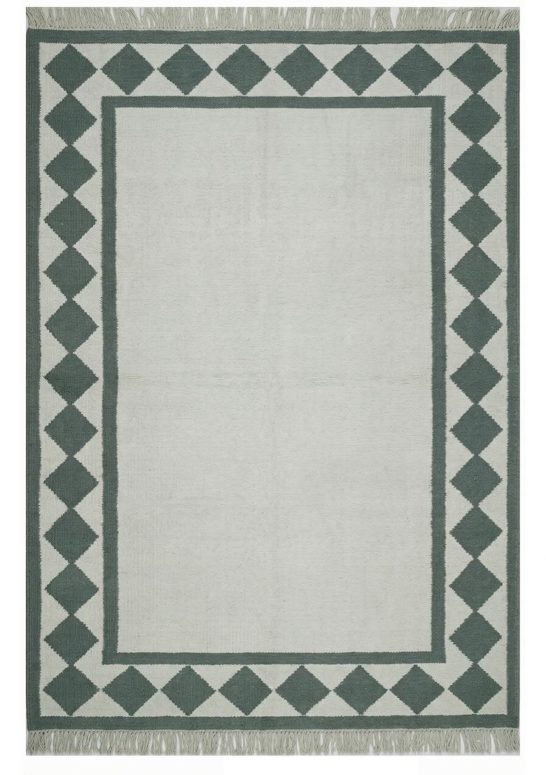 Saffron Rugs Flat Woven Sage Green Cream Checkered Coastal Rectangular Wool Area Rug - Indya