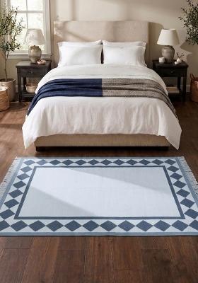 Saffron Rugs Flat Woven Steel Blue Checkered Coastal Rectangular Wool Area Rug