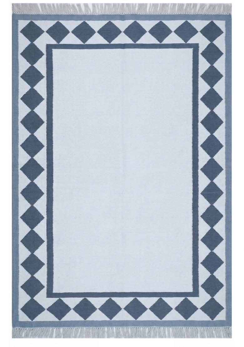 Saffron Rugs Flat Woven Steel Blue Checkered Coastal Rectangular Wool Area Rug - Indya