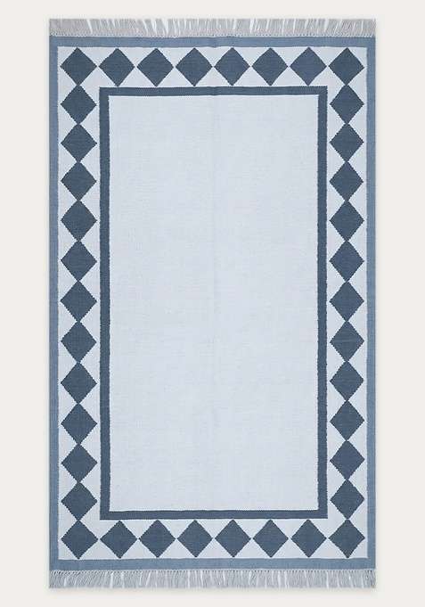 100% Wool Handmade Steel Blue Rug | Coastal Checkered Flat Weave Reversible Carpet For Living Room